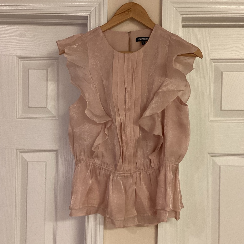 Express Pink Shimmer Ruffle Peplum Top - Picture 3 of 8